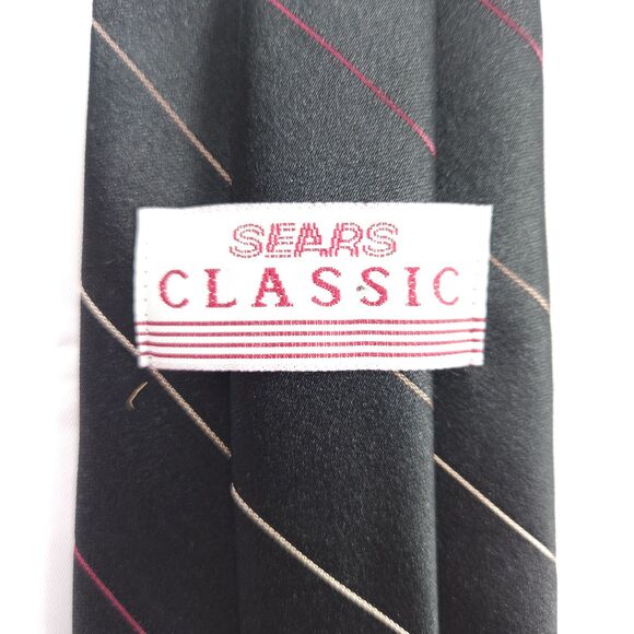 VTG Sears Classic Black Striped Polyester Silk Short Tie 55.75" x 3.25" USA - Picture 3 of 7